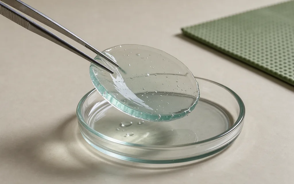 A translucent gel disc lifted above a shallow dish with metal forceps