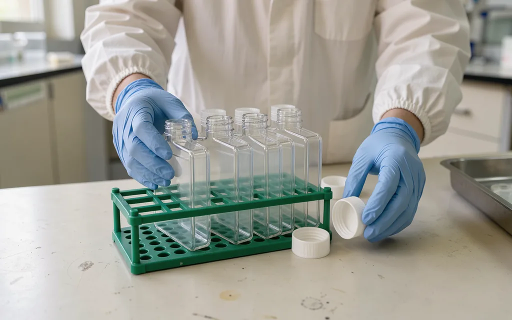 A laboratory technician arranging clear tissue-culture flasks in a green rack