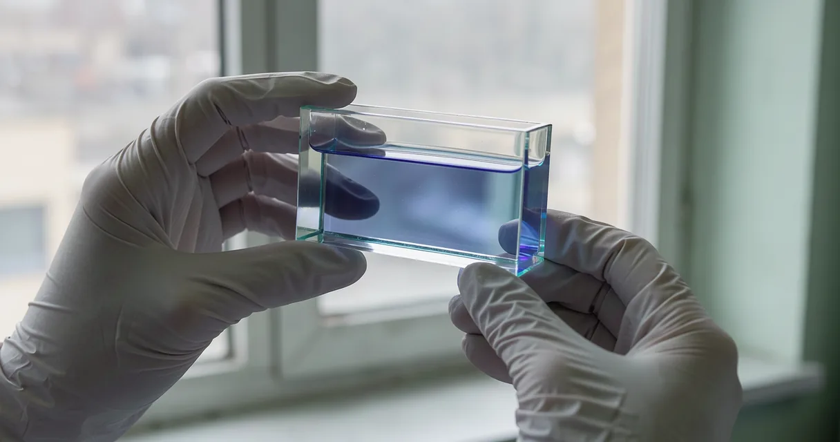 Gloved hands holding a glass cuvette of violet solution against a bright laboratory window