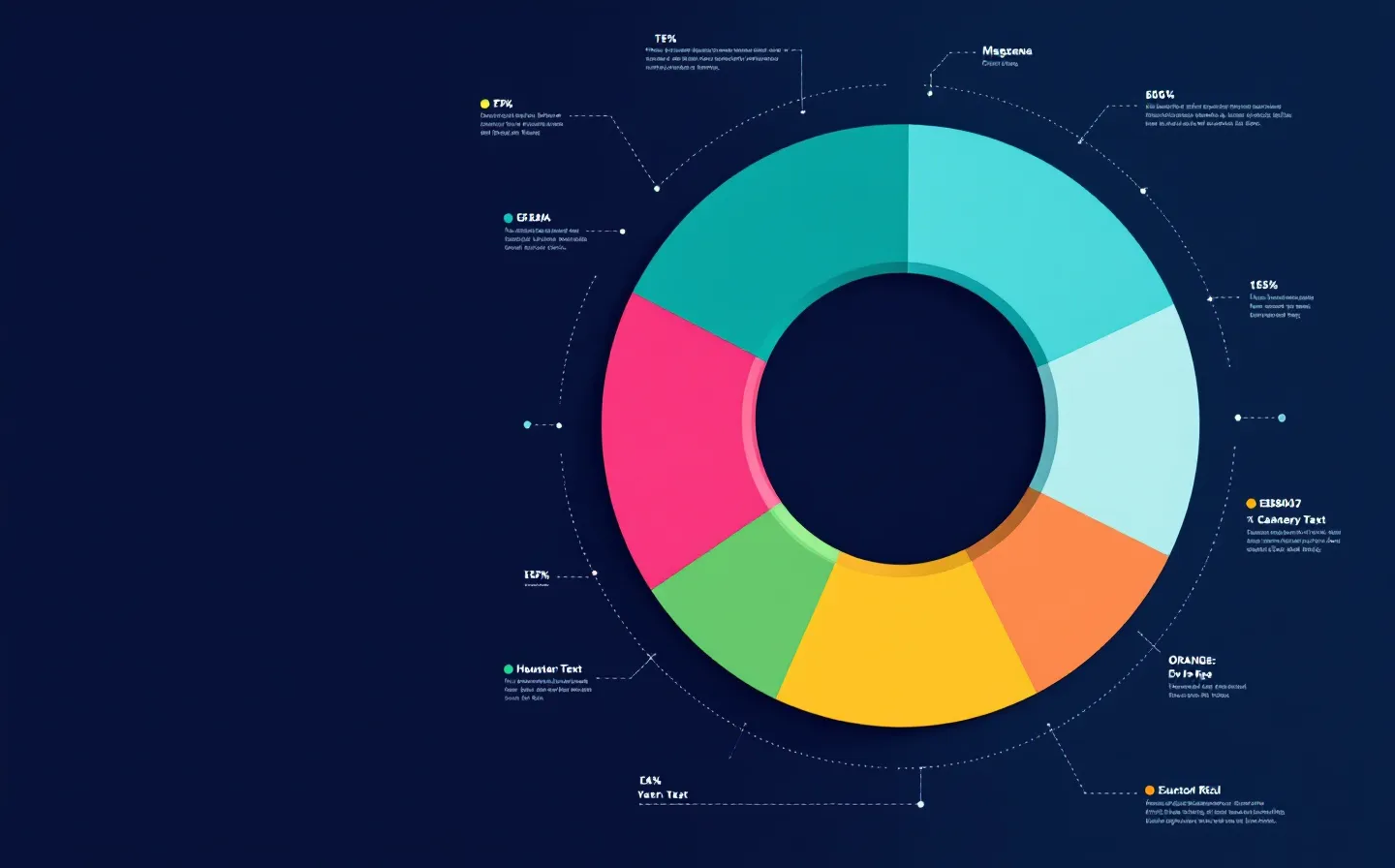 Flat six-segment donut chart in teal, magenta, sky-blue, green, orange and red on a dark blue-slate ground, with dotted leader lines radiating to category dots