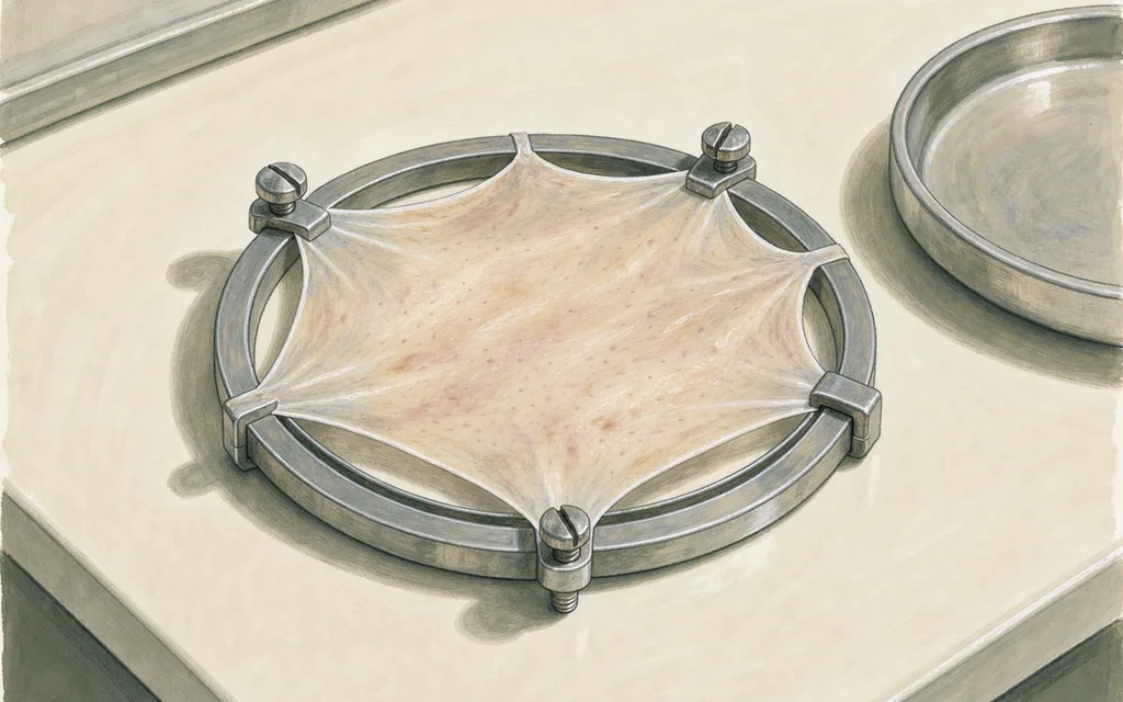 A thin pale skin specimen held in a circular laboratory mounting ring